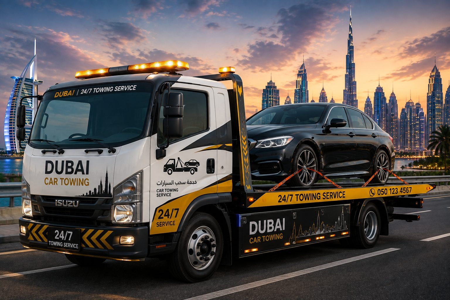 24 Car Towing Dubai flatbed tow truck carrying a car with Burj Khalifa and Dubai skyline at night in the background